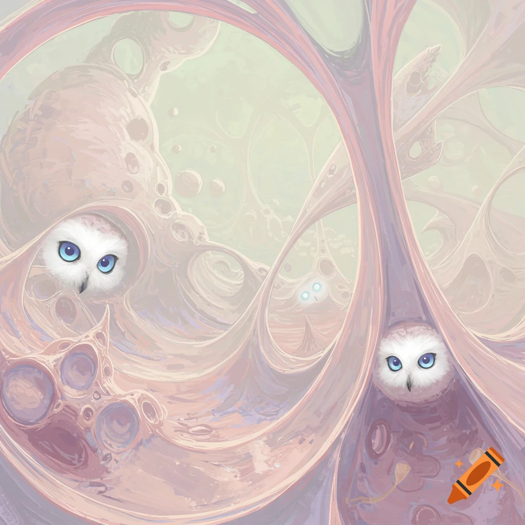 Two white owls with blue eyes emerge from a pink and purple abstract, organic structure in a psychedelic style.