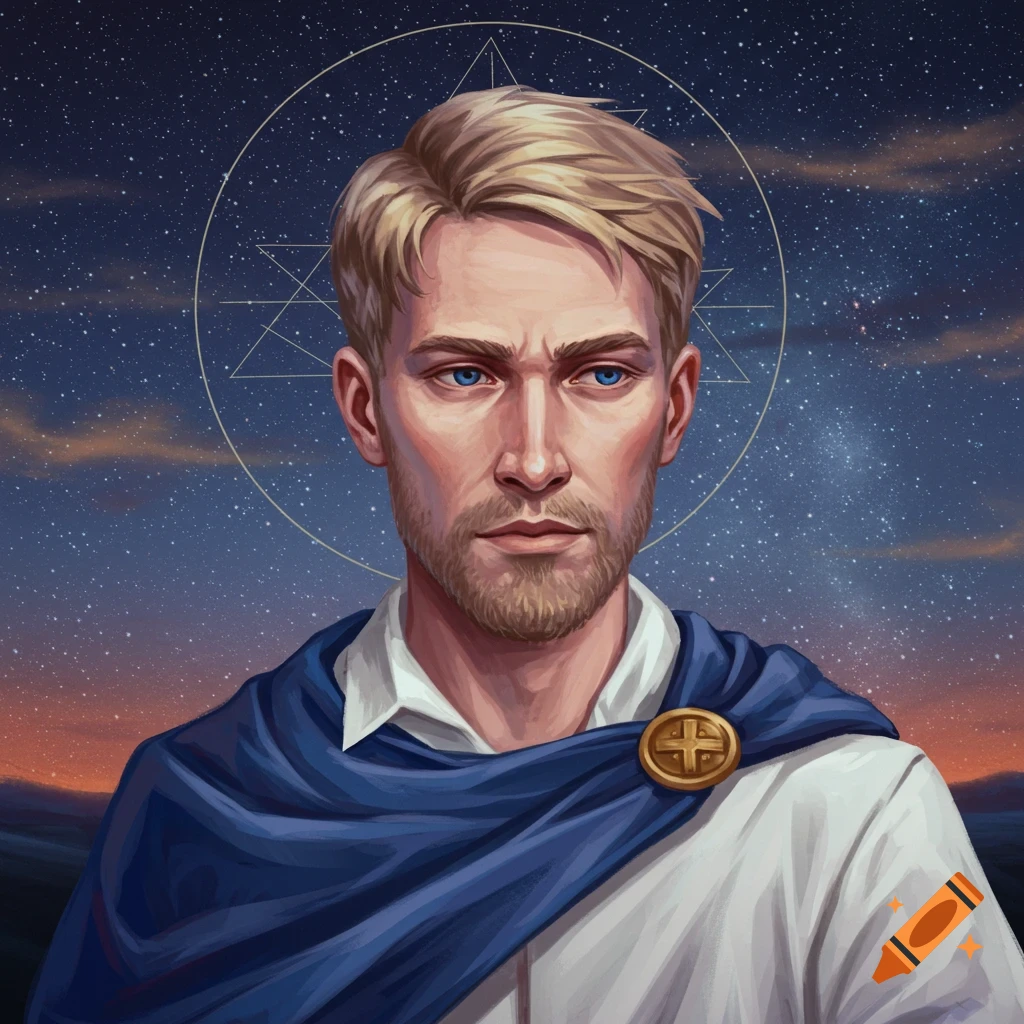 A man in a blue cloak against a starry sky.