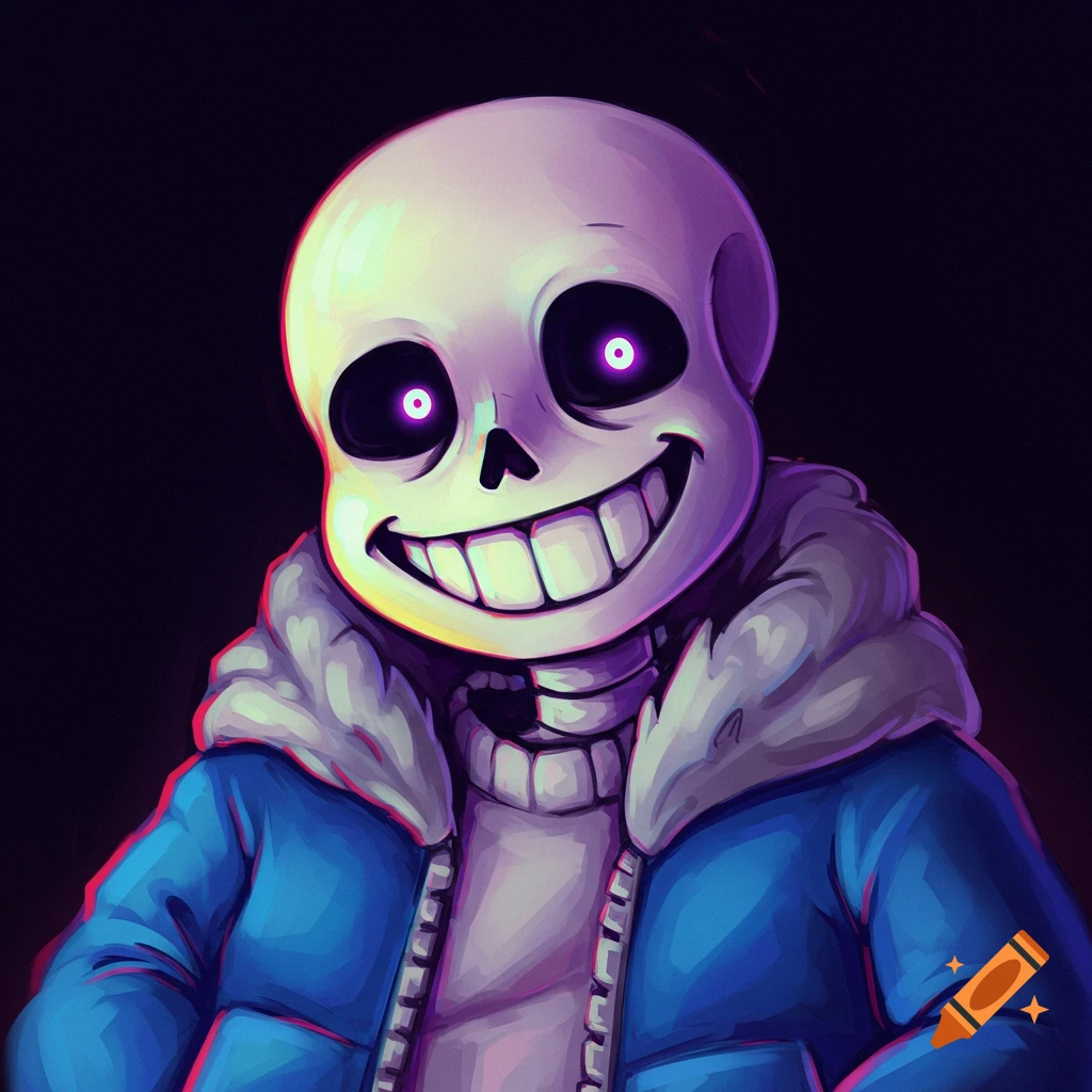 Sans the skeleton in a blue jacket, smiling with glowing purple eyes.