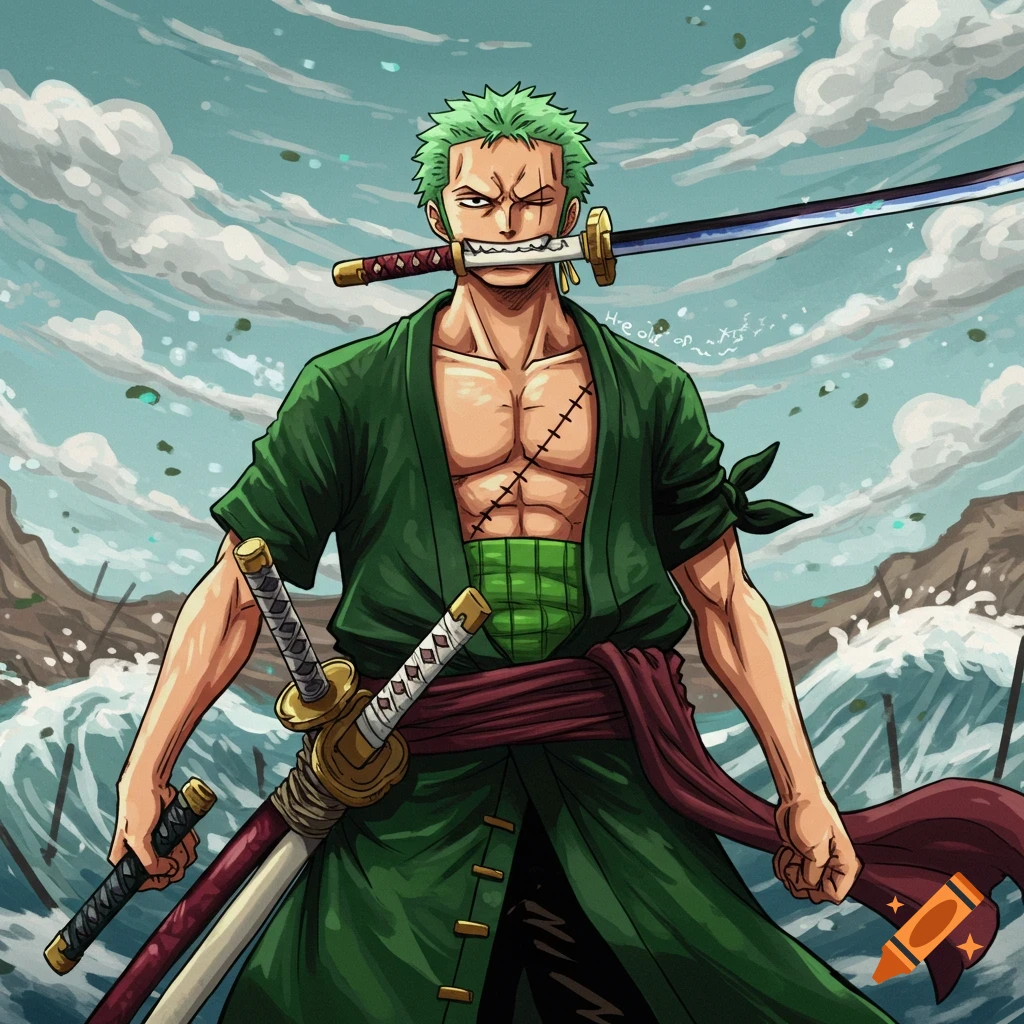 Roronoa Zoro holding three swords, one in his mouth.