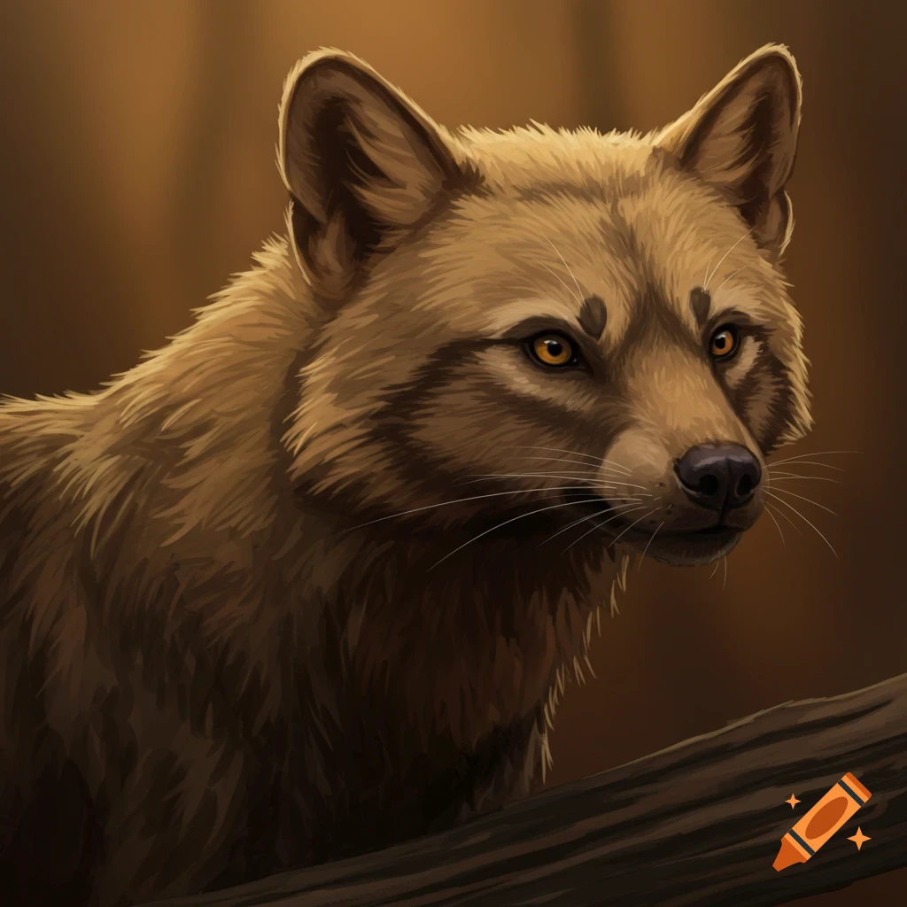 Close-up of a brown wolf-like animal looking right.