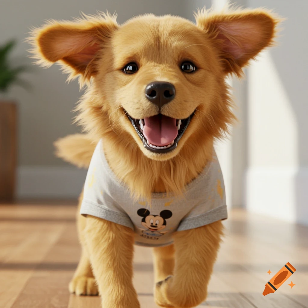 A fluffy Golden Retriever puppy wearing a gray shirt with a Mickey Mouse graphic runs on a wooden floor.