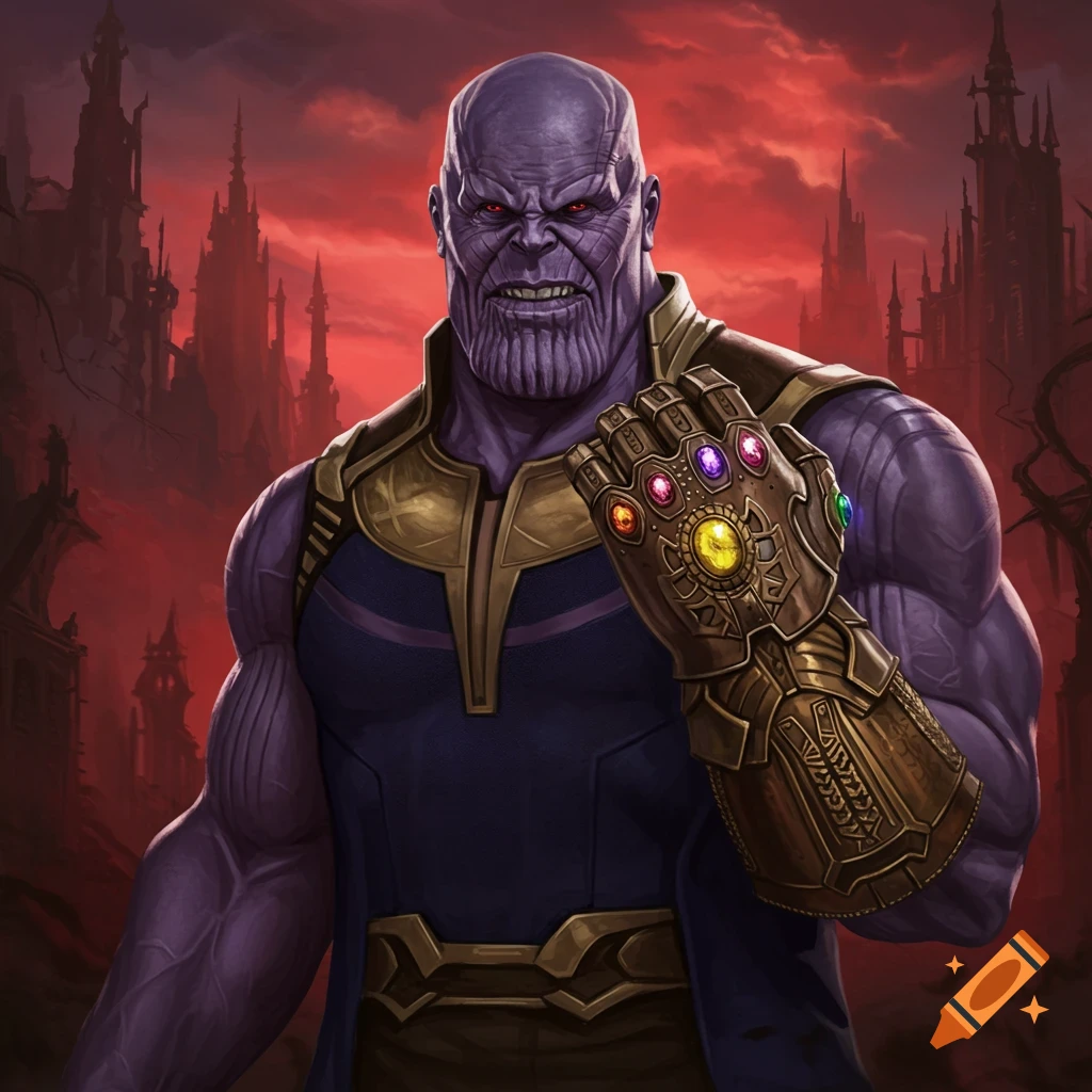 Thanos holding the Infinity Gauntlet against a dark castle and red sky background