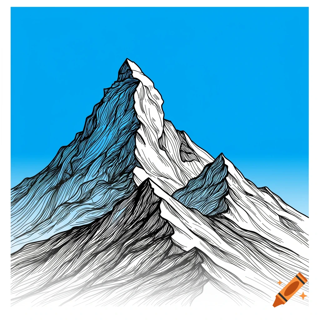 Stylized line art drawing of snowy mountains against a blue sky