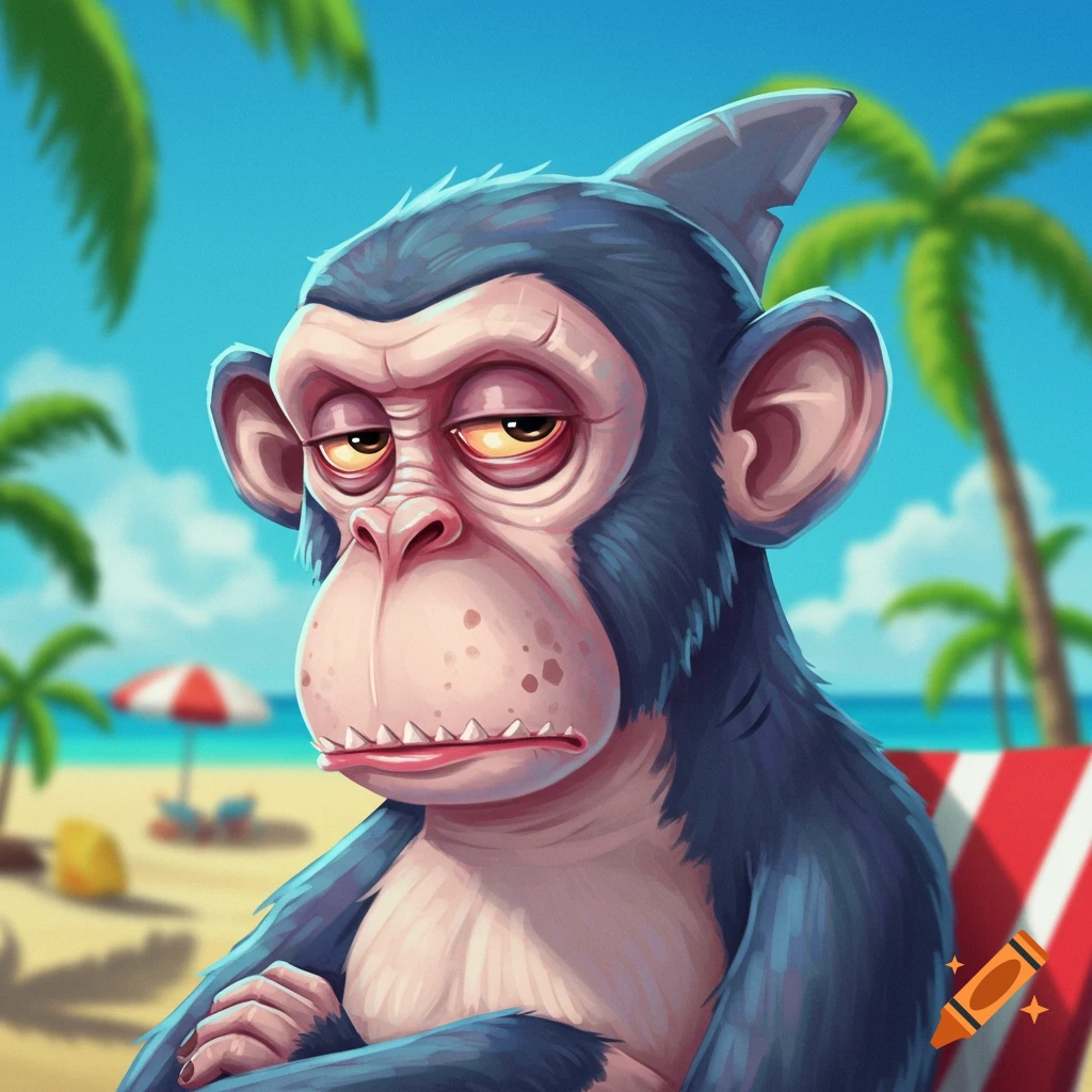 A bored blue monkey with a shark fin sitting on a beach chair.