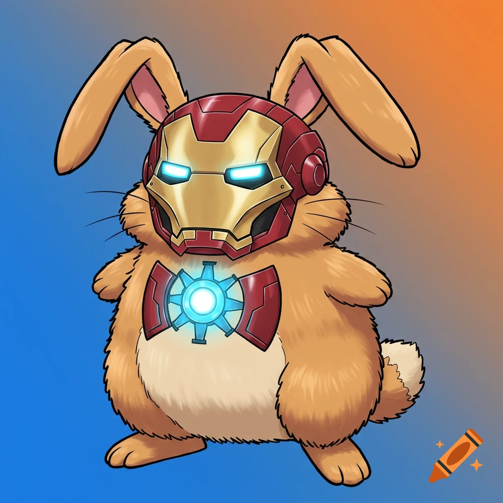 Anime illustration of a brown fluffy creature wearing an Iron Man mask and arc reactor chest piece.
