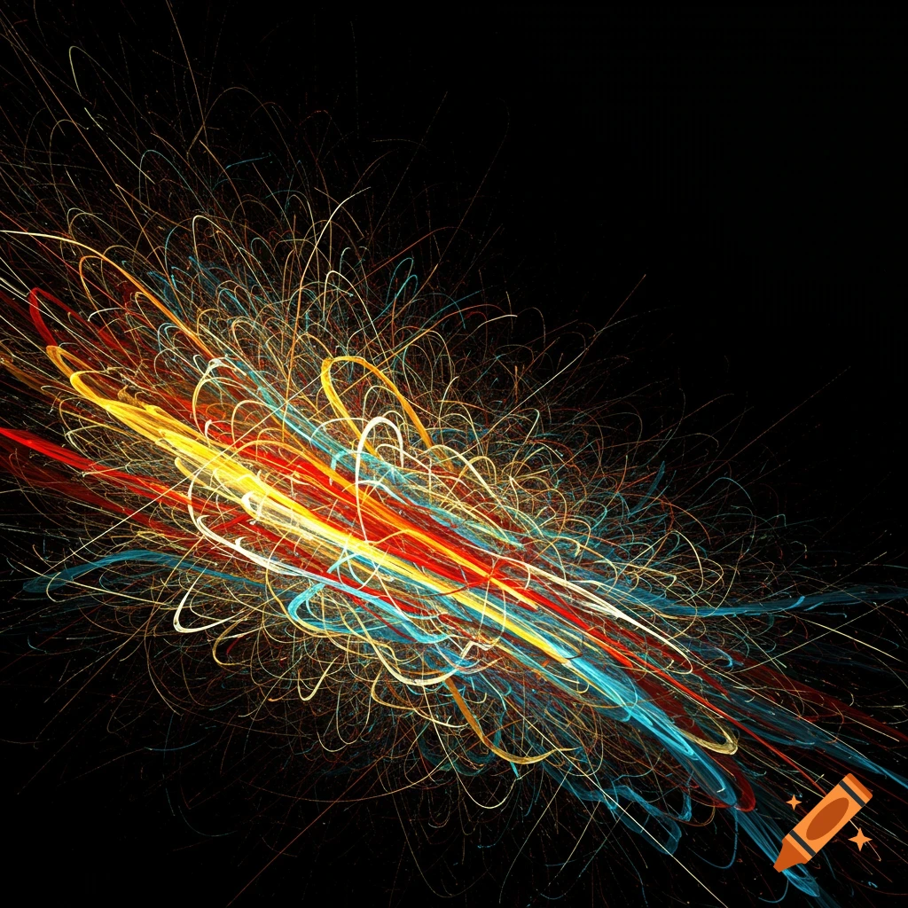 Abstract image of swirling red, yellow, blue, and white lines on a black background.