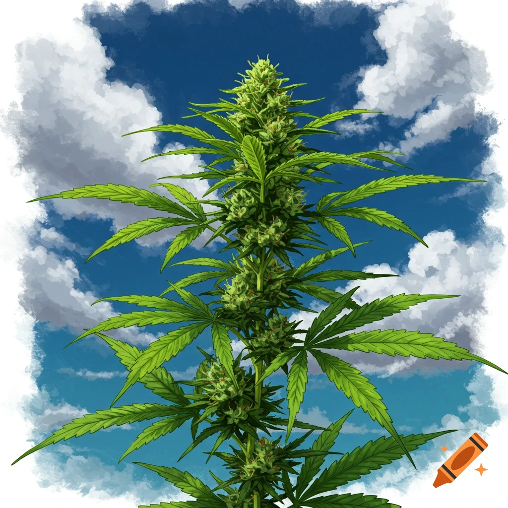 A cannabis plant stands out against a cloudy blue sky.