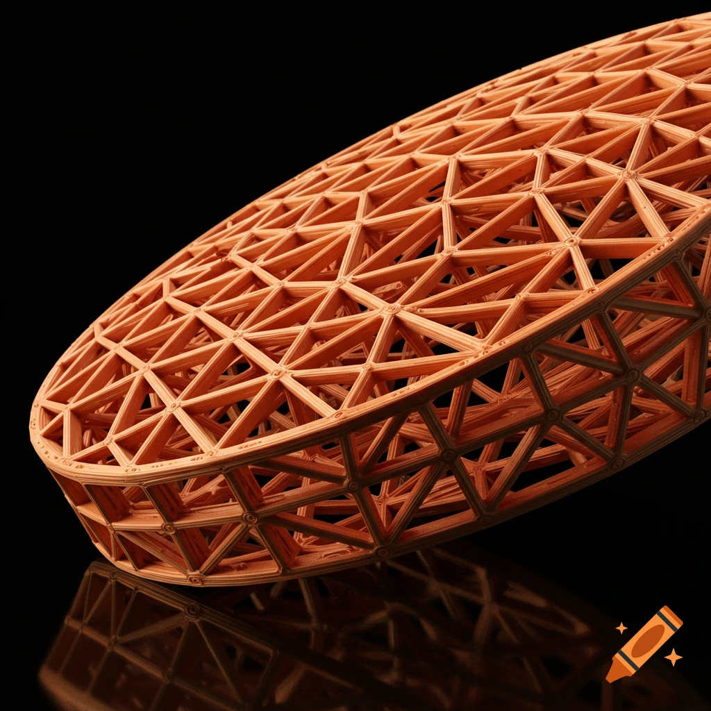 A close-up view of a geometric lattice structure made of connected triangles and rods, reflected on a black surface.