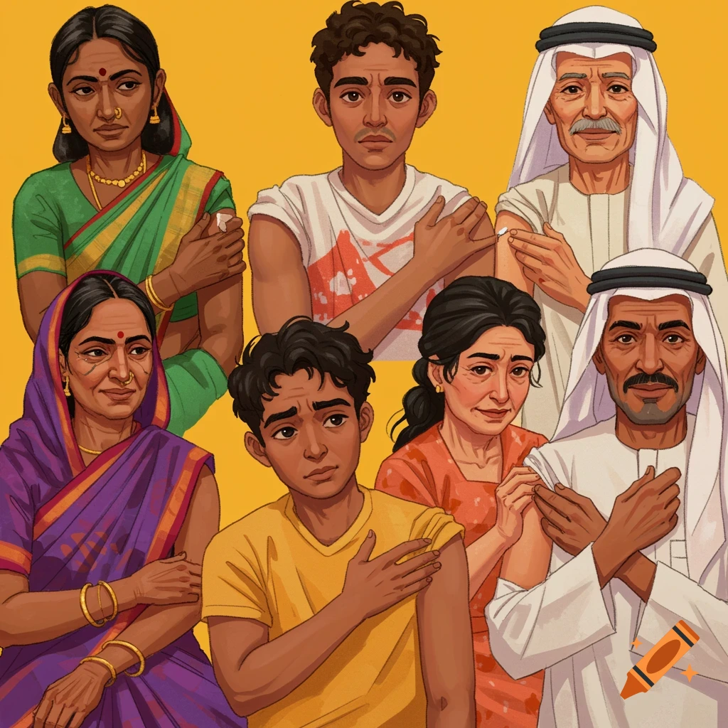 Diverse people, including South Asian and Middle Eastern individuals, showing arms after receiving vaccines.
