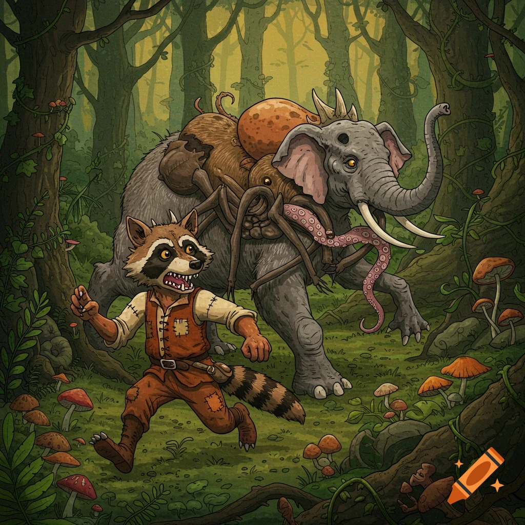 An anthropomorphic raccoon runs from a bizarre elephant-spider-octopus creature in a forest.