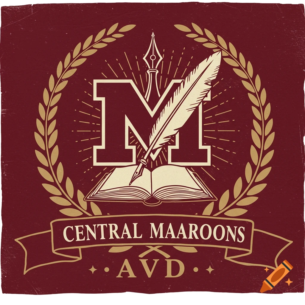 A maroon and gold educational crest featuring an 'M', open book, quill, and laurel wreath. Text banners read 'CENTRAL MAROONS' and 'A V D'.