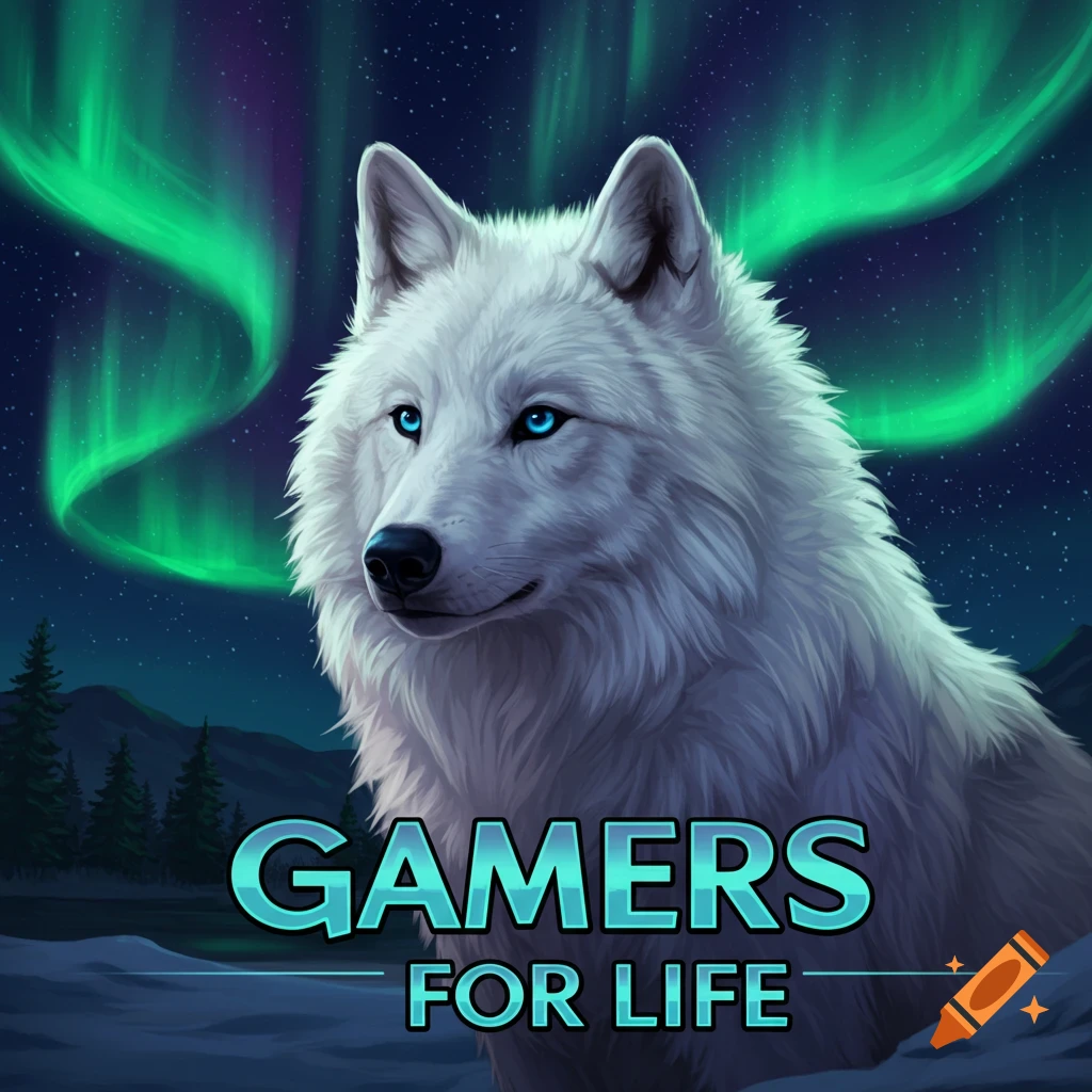 Image of a white wolf under the Northern Lights with the text GAMERS FOR LIFE.
