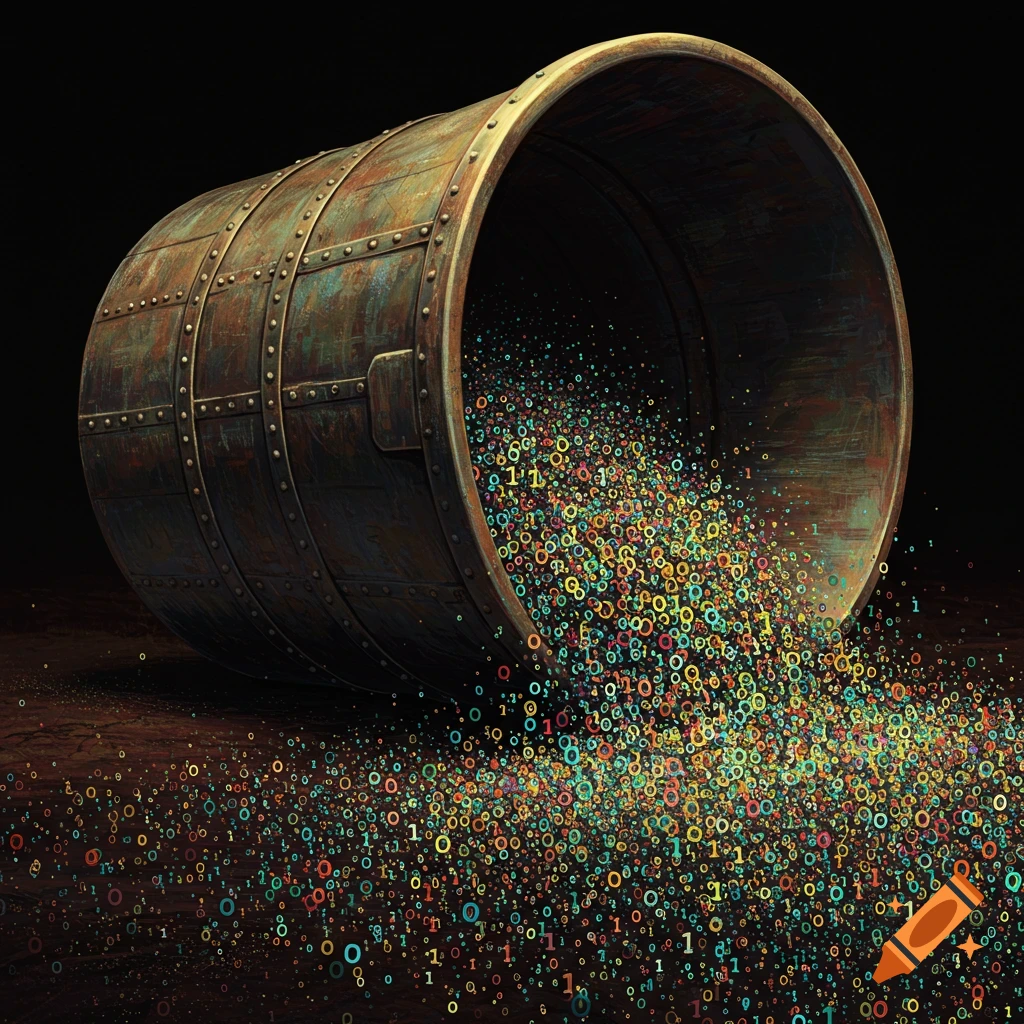 A giant rusty bucket spills colorful binary code (0s, 1s, and other numbers) onto the ground.