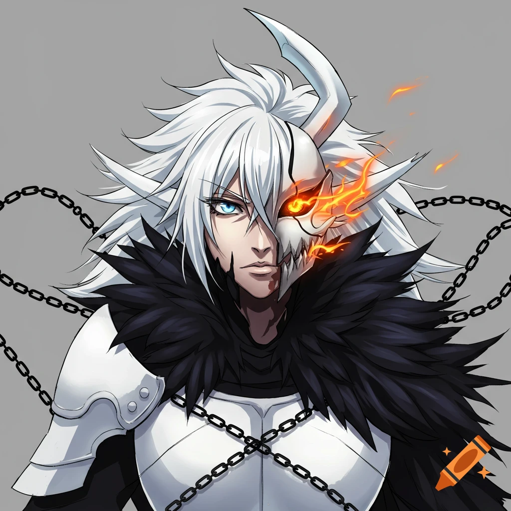 Anime character with white hair, half skull mask, blue and fiery orange eyes, armor, and chains.