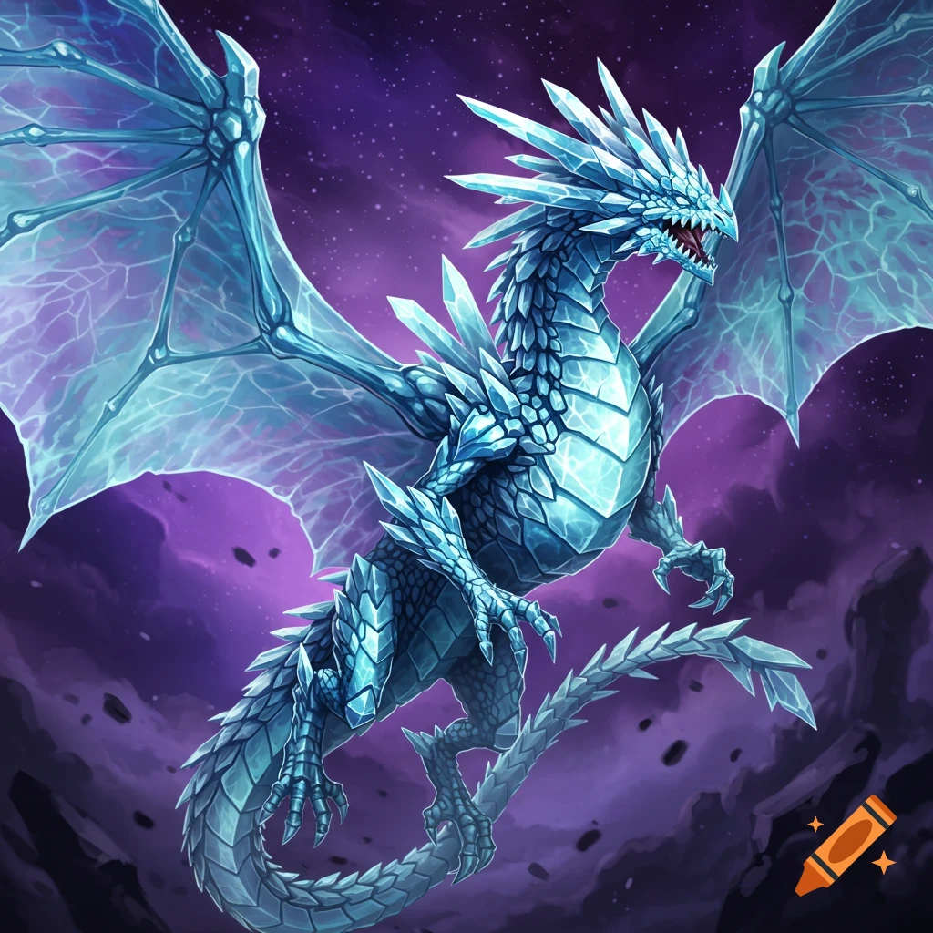 A crystalline ice dragon flying in a purple, starry sky.