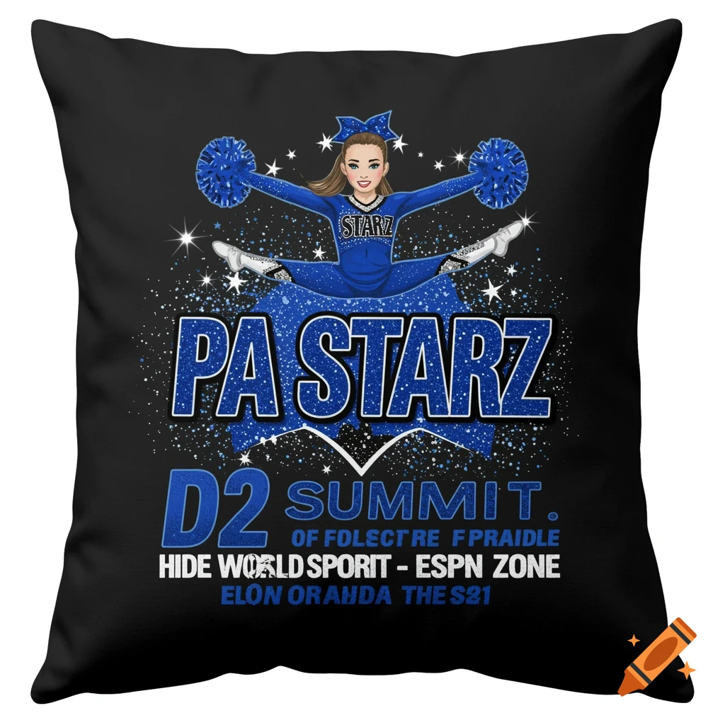 Stylized illustration of a cheerleader doing a split jump against a black background with stars and glittery blue text.