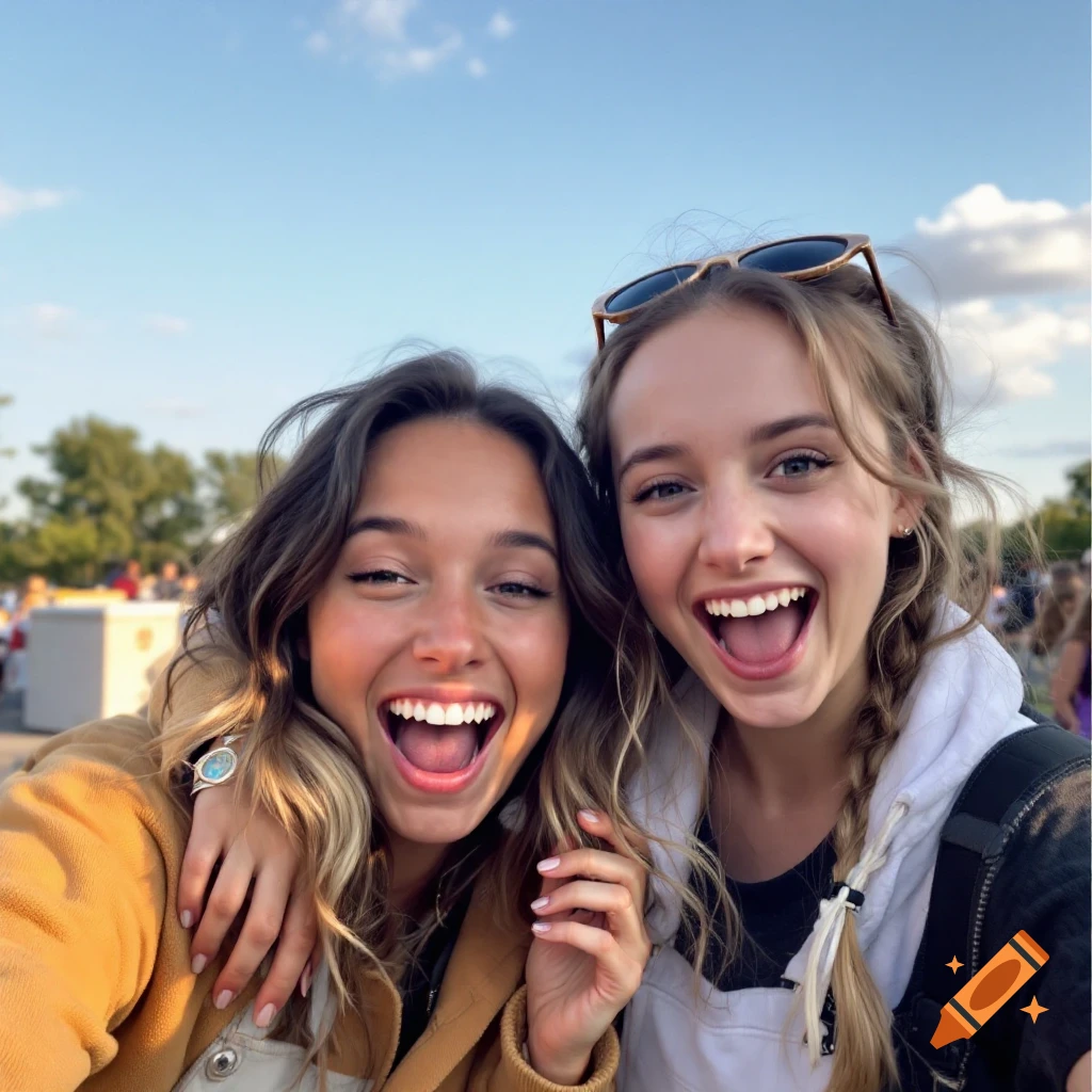 Two young women laughing and taking a selfie outdoors.