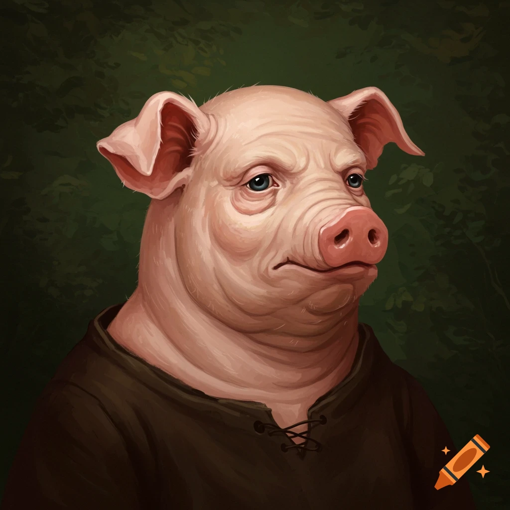 A human-looking pig in a tunic with a thoughtful expression.