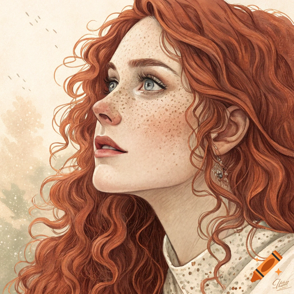 An illustration of a woman with long curly red hair and freckles looking up.