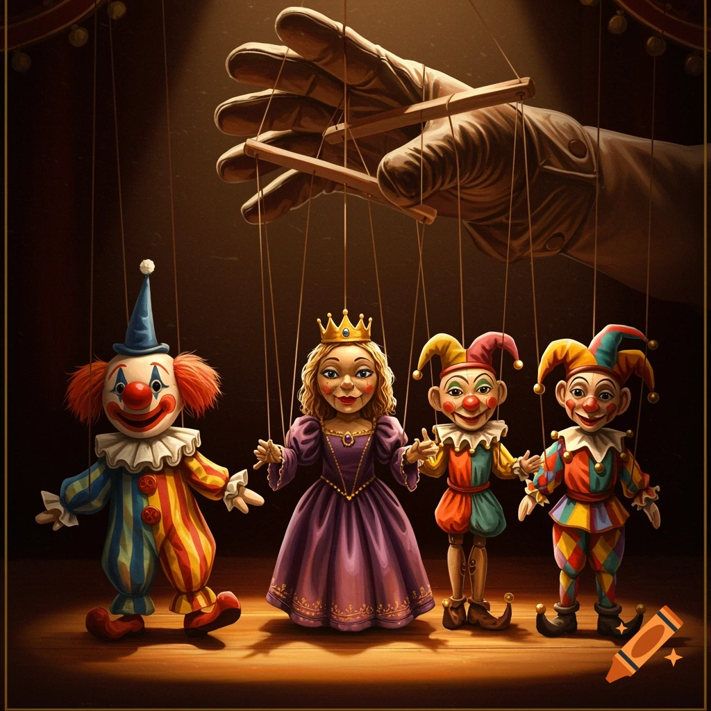 A puppeteer's hand controls four marionette puppets, including a clown, queen, and two jesters, on a stage.