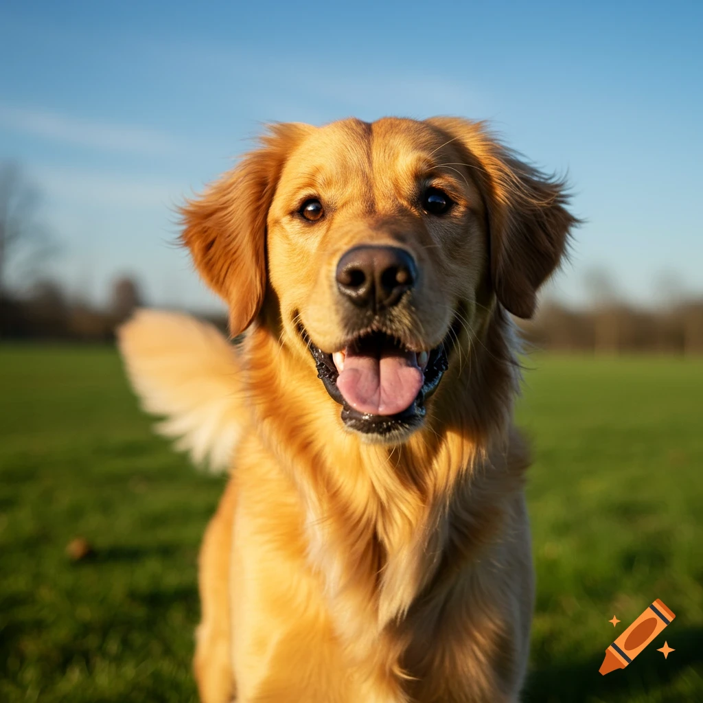 Close-up photo of a golden retriever dog outside in a grassy field