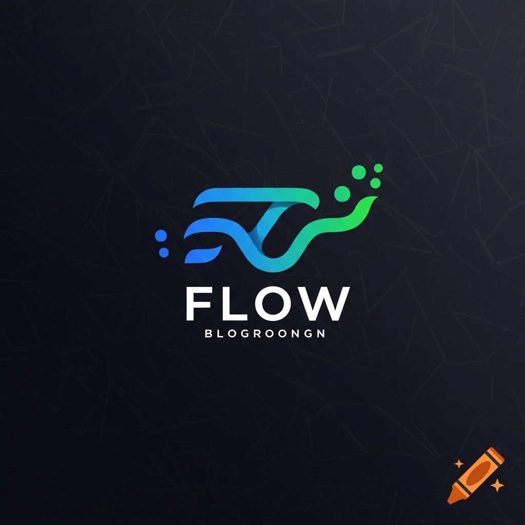 Abstract blue and green logo shape above the text 'FLOW' and 'BLOGROONGN' on a dark background.