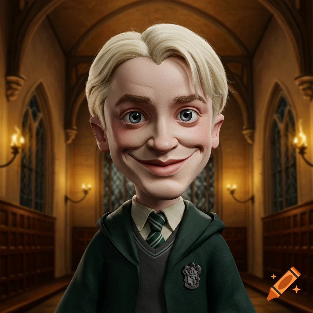 Caricature of Draco Malfoy in a Hogwarts corridor.