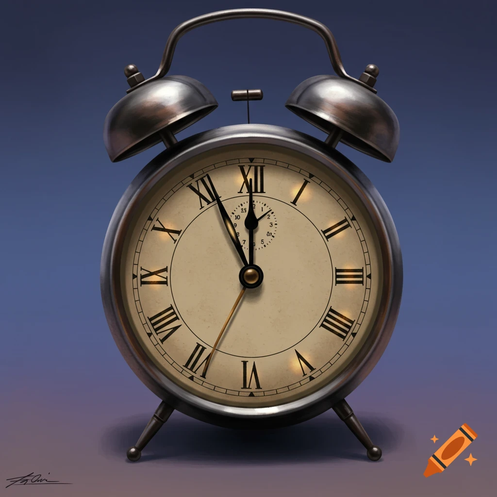 An antique alarm clock with Roman numerals.