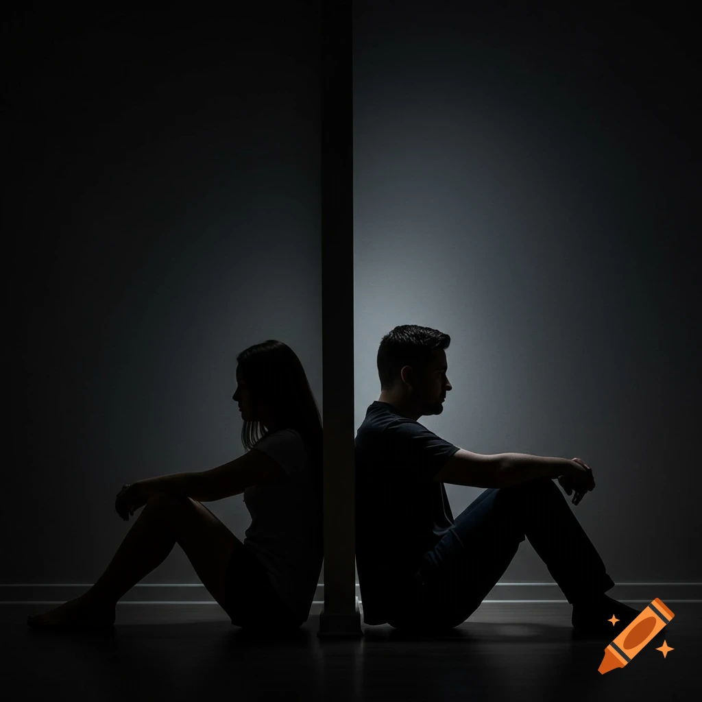 Silhouettes of a man and woman sitting back-to-back separated by a wall in a dark room.