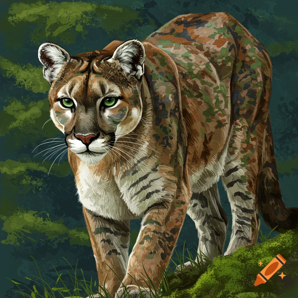 A cougar with camouflage fur, walking through foliage.