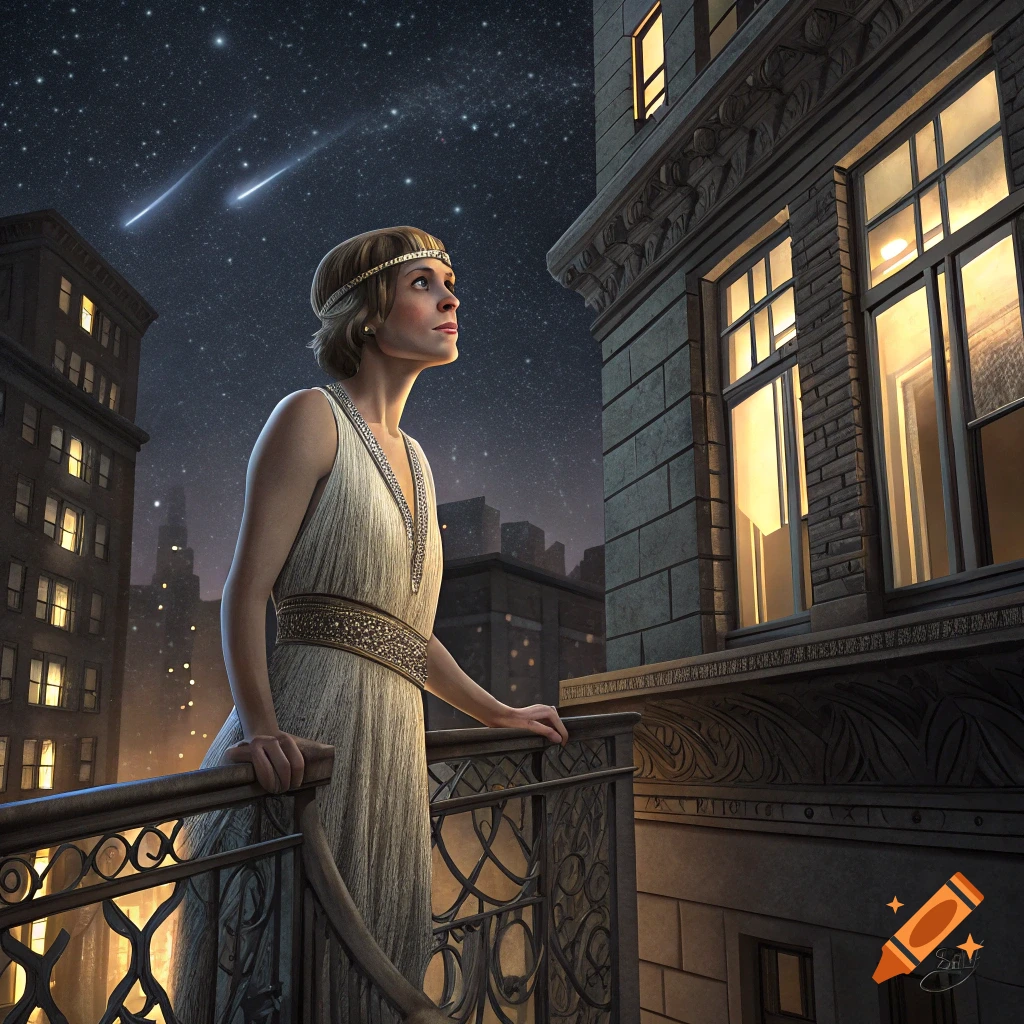 A woman in a flapper dress stands on a balcony at night, looking up at a starry sky with shooting stars over a city skyline.