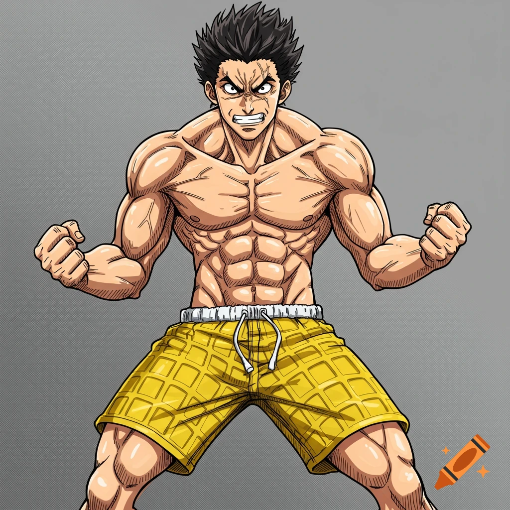 Muscular anime character in yellow shorts with an angry expression.