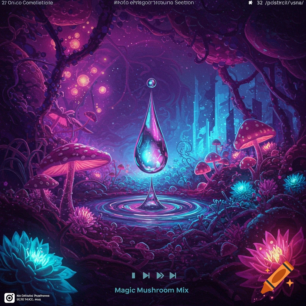 A vibrant fantasy forest with glowing mushrooms, flowers, a dripping water drop over a pond, and the text 'Magic Mushroom Mix'.
