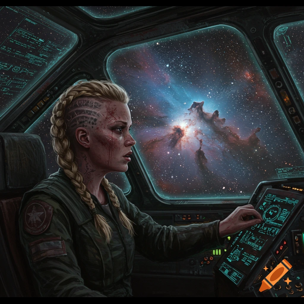 A woman with braids sits in a spaceship cockpit, gazing out at a nebula.
