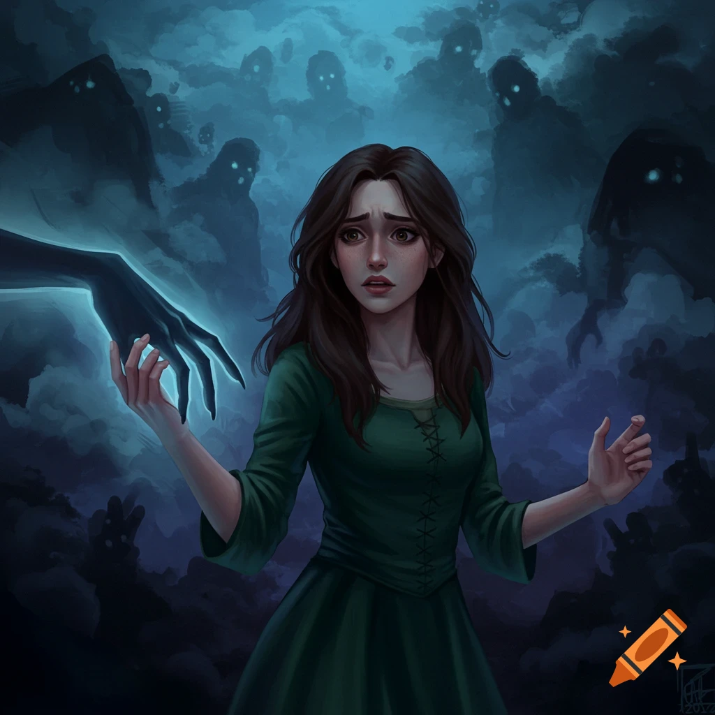 A fearful woman reaches for a spectral hand, surrounded by shadowy figures.