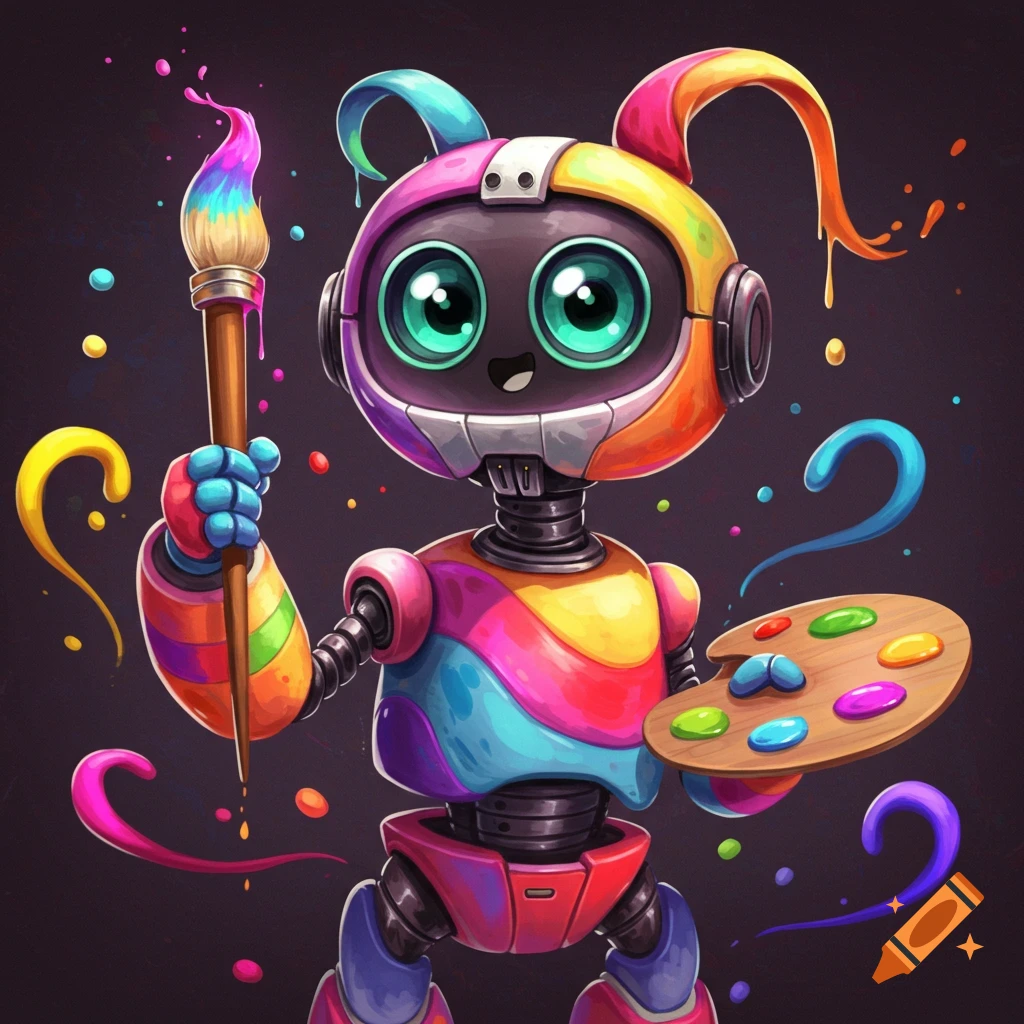 A colorful robot holding a paintbrush and artist's palette