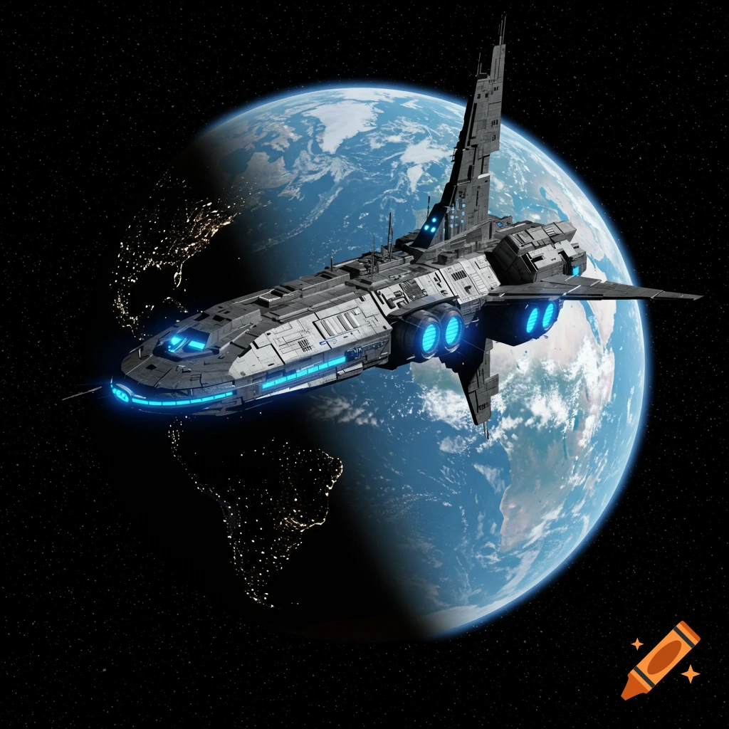 A detailed futuristic spaceship orbits Earth with city lights visible.