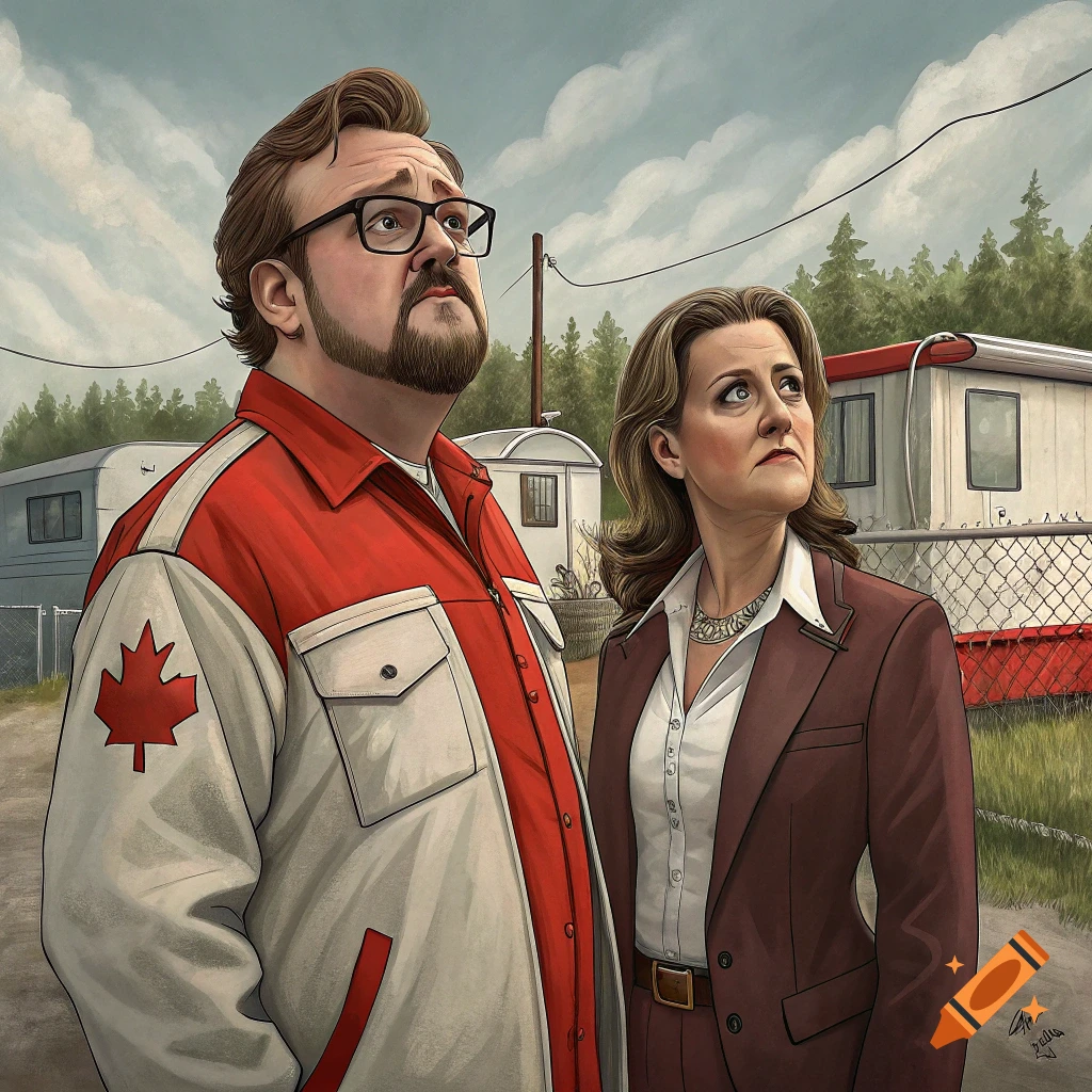 Two people in a trailer park, one in a Canadian jacket, looking up, illustration.