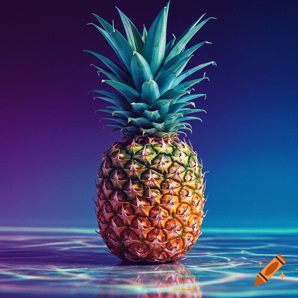 A pineapple stands on a rippling surface with reflection against a purple and blue background. Digital art.