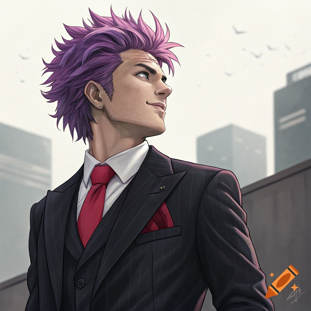 A young man with spiky purple hair wears a suit and looks up in a city.