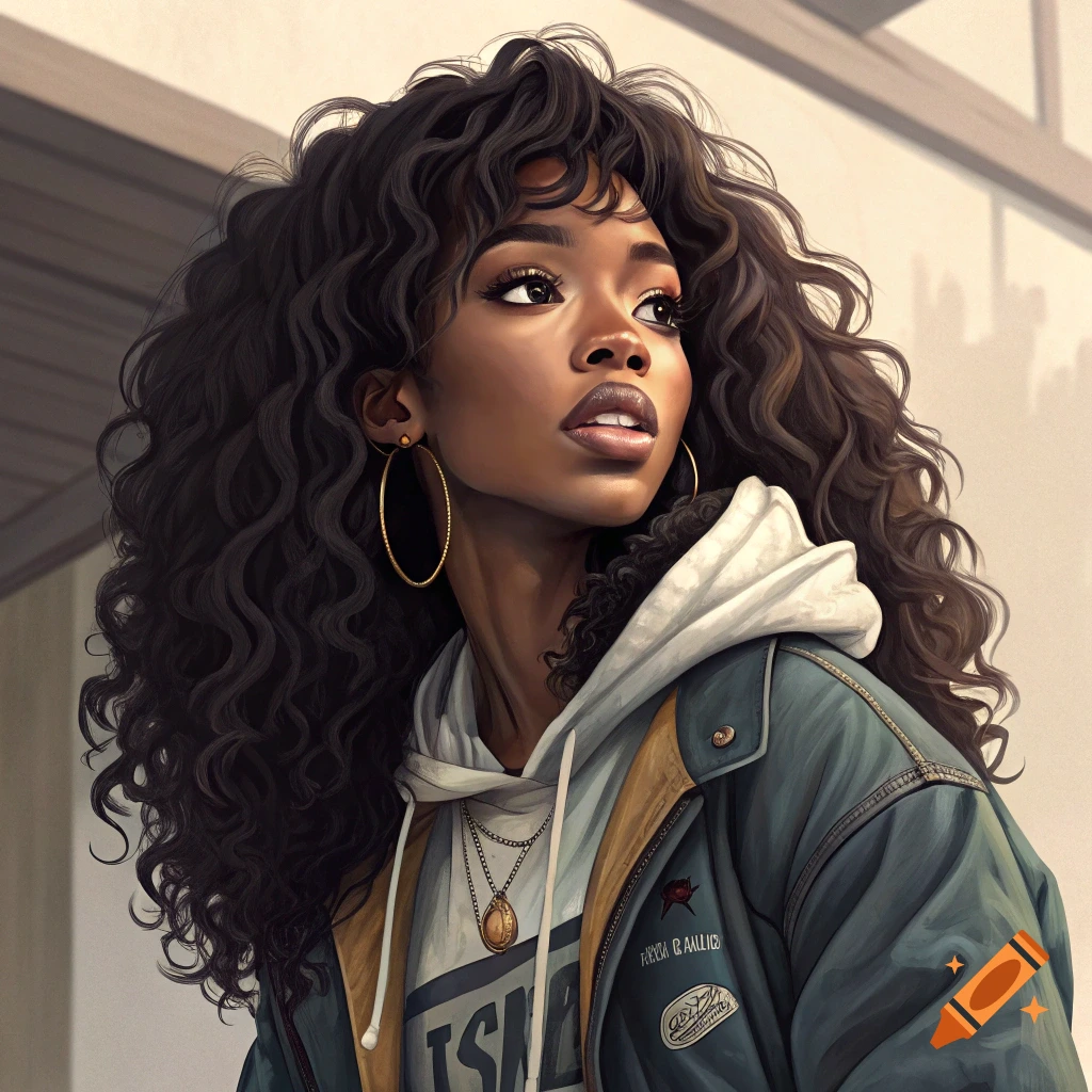 A woman with long curly hair is looking up while wearing a hoodie and a bomber jacket.