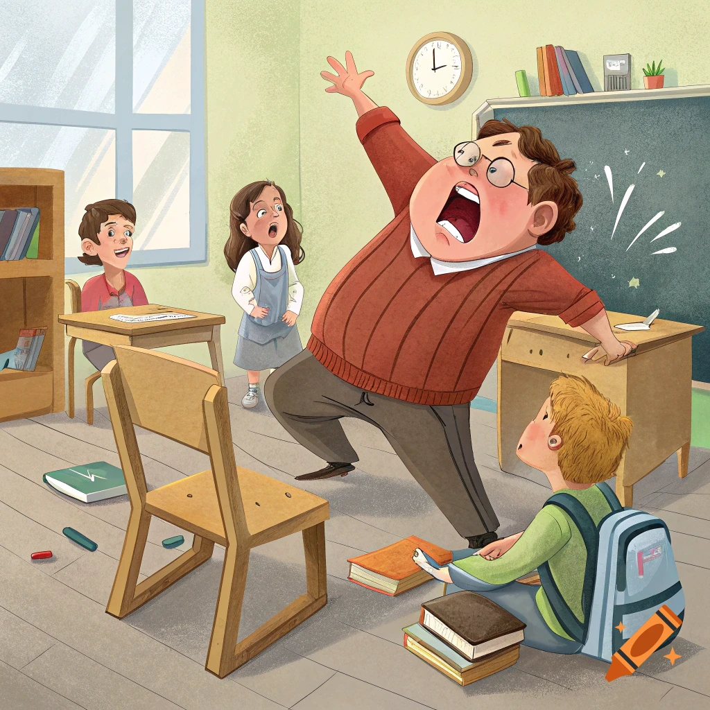Cartoon illustration of an angry teacher yelling in a messy classroom while students react.