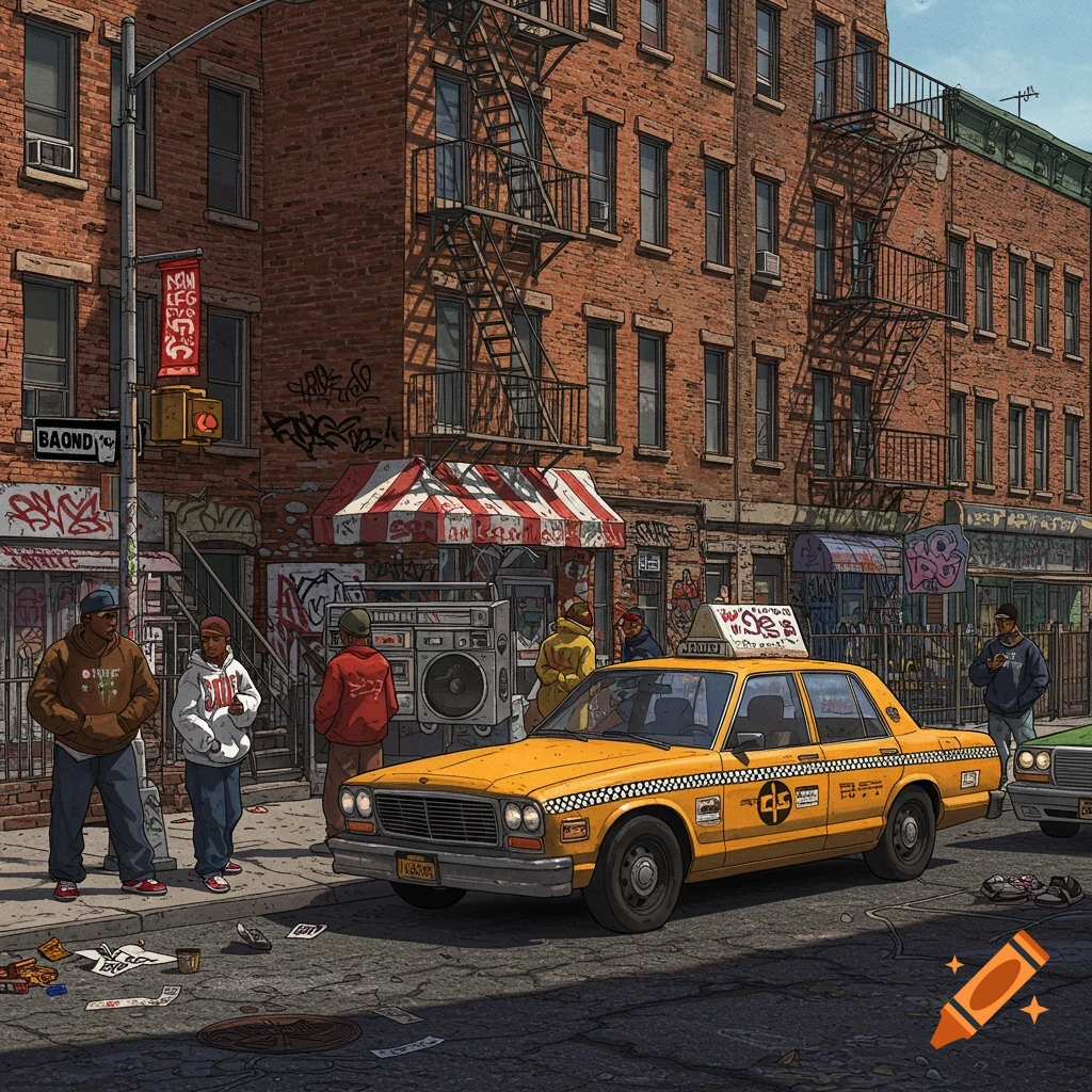 A 90s street scene in a city with people, a yellow taxi, and brick buildings.