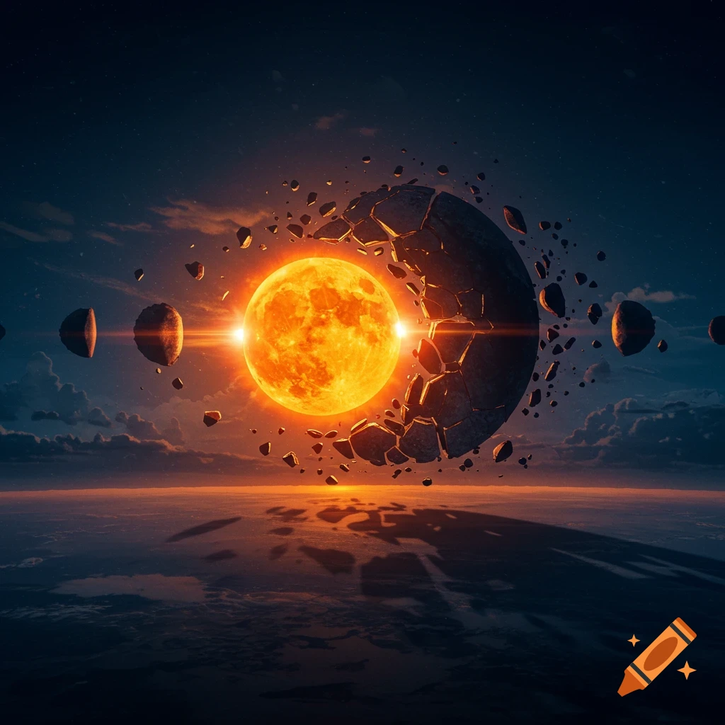 A solar eclipse with a shattered moon surrounded by debris, viewed from space above Earth.
