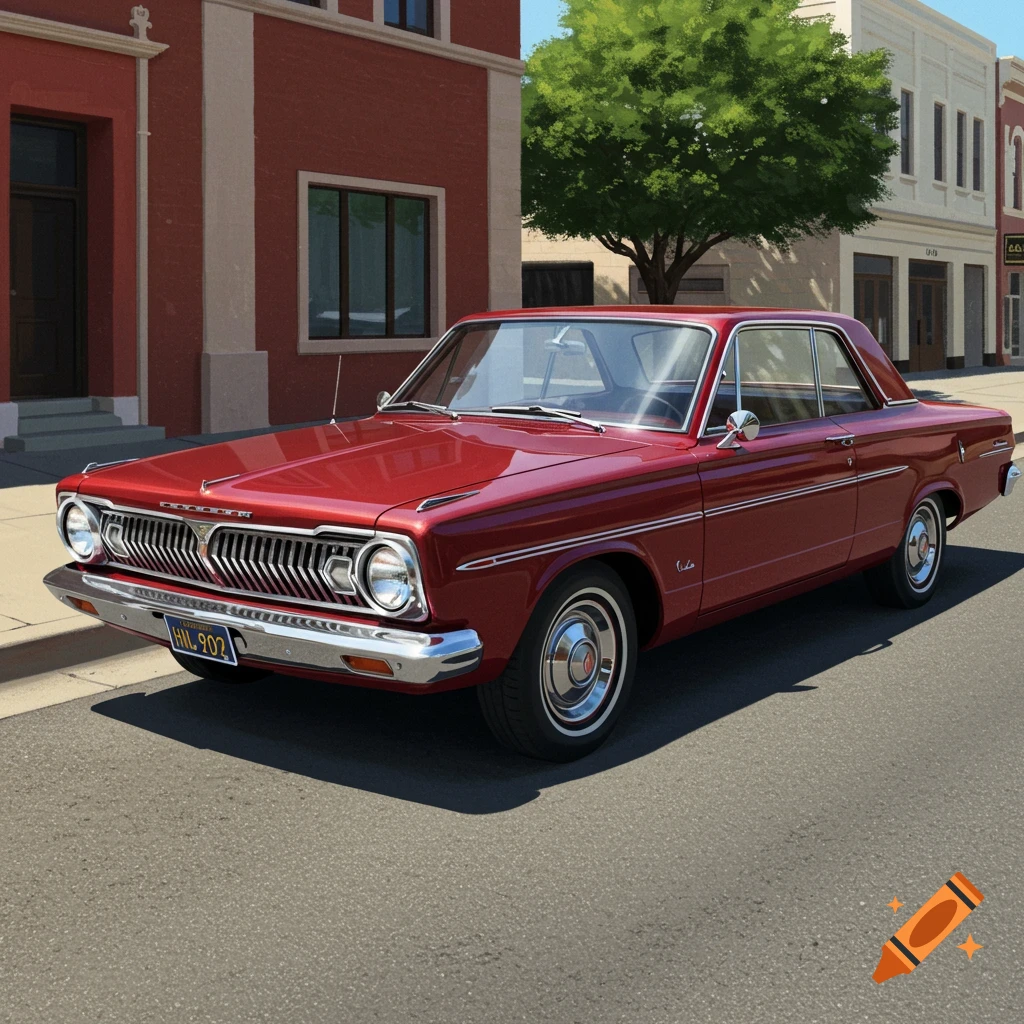 A red 1963 Plymouth Valiant coupe parked on a street in front of buildings.