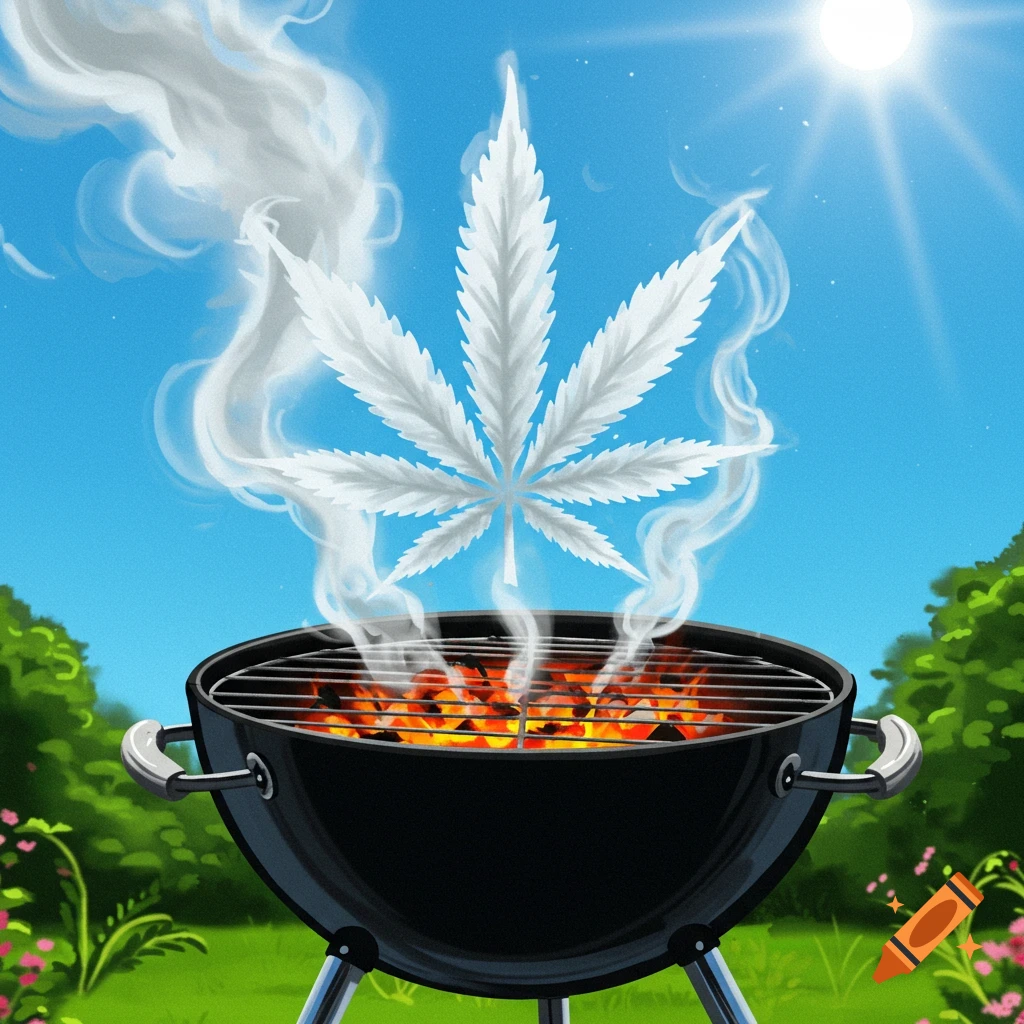 Smoke from a BBQ grill forms a white cannabis leaf against a blue sky.