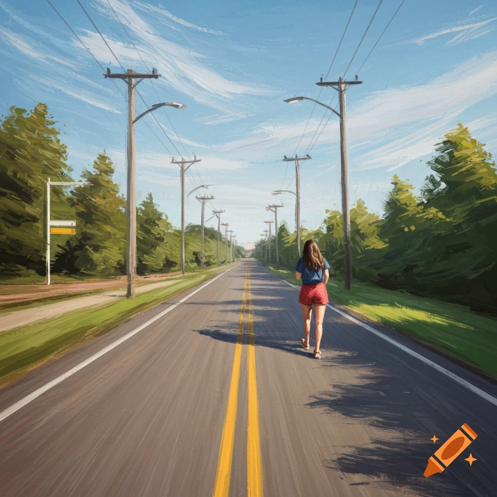 A woman walking down a long road lined with trees and utility poles under a cloudy sky.