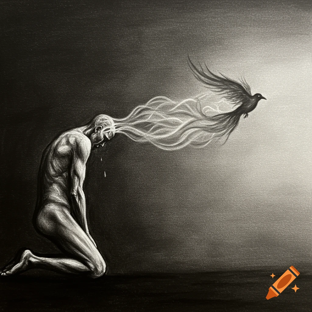 Stylized charcoal drawing of a kneeling figure with energy leaving head, becoming a bird flying away.