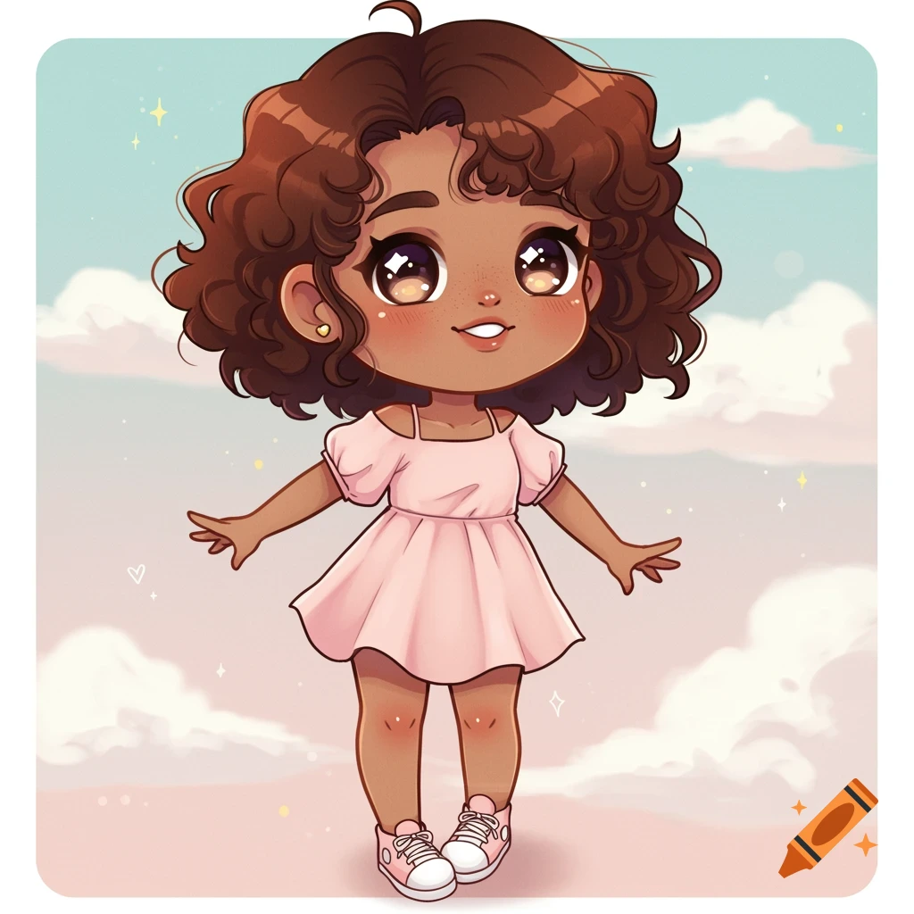 A cute chibi anime girl with dark brown curly hair, wearing a pink ...